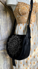 Load image into Gallery viewer, Black cowhide mandala leather crossbody bag worn with boho dress genuine leather handbag Dreamtime Boho