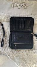 Load image into Gallery viewer, Open black leather dragonfly wallet showing card slots, ID window and interior compartments