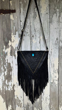 Load image into Gallery viewer, Black genuine leather fringe crossbody bag with long fringe and adjustable strap