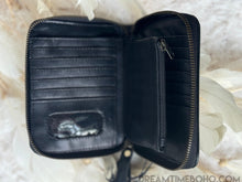 Load image into Gallery viewer, Black genuine leather boho wallet interior showing multiple card slots zip coin pocket and storage compartments