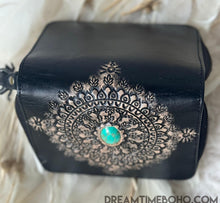 Load image into Gallery viewer, Black Hand Tooled Mandala Leather Boho Purse – Turquoise Stone-Handbags, Wallets &amp; Cases-Dreamtime Boho -Dreamtime Boho