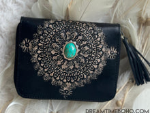Load image into Gallery viewer, Black Hand Tooled Mandala Leather Boho Purse – Turquoise Stone-Handbags, Wallets &amp; Cases-Dreamtime Boho -Dreamtime Boho