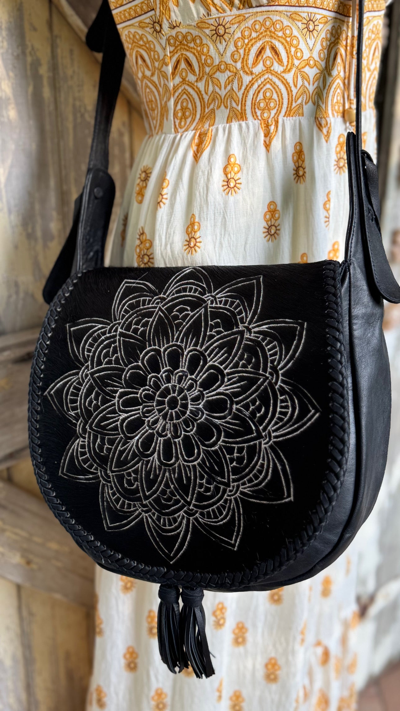 Leather Crossbody Boho Bag|Black Mandala – Dreamtime Boho