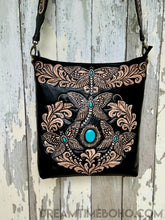 Load image into Gallery viewer, Black leather boho shoulder bag with hand tooled dragonflies and turquoise feature stone