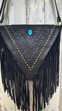 Load image into Gallery viewer, Black handcrafted leather fringe bag with turquoise stone and detailed woven leather front