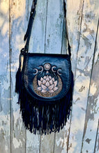 Load image into Gallery viewer, Black leather fringe crossbody bag with long fringe and handcrafted lotus moon artwork