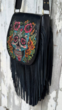 Load image into Gallery viewer, Black leather fringe crossbody bag with colourful hand painted floral skull artwork