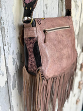 Load image into Gallery viewer, Back view of black genuine leather Love Story fringe boho bag with rear zip pocket.