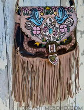 Load image into Gallery viewer, Hand painted black Love Story leather fringe boho bag featuring detailed artisan artwork.