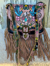 Load image into Gallery viewer, Hand painted black Love Story fringe leather boho bag with floral, bird and heart artwork on genuine leather by Dreamtime Boho, Queensland Australia. 
