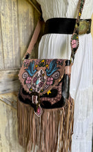 Load image into Gallery viewer, Detail of hand painted Love Story leather fringe on black boho crossbody bag by Dreamtime Boho, Queensland Australia