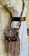 Load image into Gallery viewer, Hand painted black Love Story leather fringe boho bag worn crossbody with bohemian dress by Dreamtime Boho,  Queensland Australia

