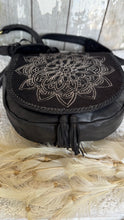 Load image into Gallery viewer, Black mandala leather crossbody bag top view tassel closure boho handbag genuine leather