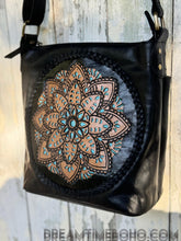 Load image into Gallery viewer, Hand Tooled Mandala Leather Crossbody Boho Bag-Crossbody Bag-Dreamtime Boho -Black-Dreamtime Boho