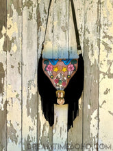Load image into Gallery viewer, Black suede fringe leather crossbody bag with colourful hand painted front flap and long fringe