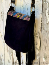 Load image into Gallery viewer, Black suede fringe shoulder bag rear view showing genuine suede leather and long flowing fringe