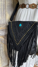Load image into Gallery viewer, Black western leather fringe bag with turquoise stone, stud detail and flowing leather fringe