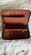 Load image into Gallery viewer, Open Boheme leather wallet showing card slots, zip coin compartment and spacious interior sections