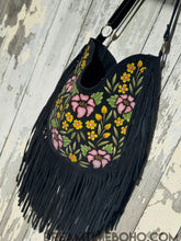 Load image into Gallery viewer, Boho Beauty black hand-painted suede fringe shoulder bag side view highlighting floral artwork and long fringe