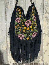 Load image into Gallery viewer, Boho Beauty black hand-painted suede fringe shoulder bag with floral artwork, bohemian leather handbag by Dreamtime Boho