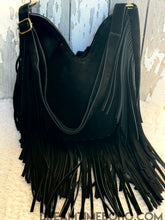 Load image into Gallery viewer, Boho Beauty black suede fringe shoulder bag back view showing plain suede leather and flowing fringe design
