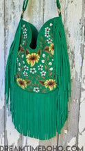 Load image into Gallery viewer, Hand painted floral artwork on Boho Beauty green suede leather fringe bag, bohemian style by Dreamtime Boho
