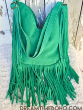 Load image into Gallery viewer, Back view of Boho Beauty green suede leather fringe bag, soft suede leather boho crossbody by Dreamtime Boho
