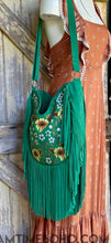 Load image into Gallery viewer, Boho Beauty hand painted green suede fringe bag worn crossbody, boho leather handbag by Dreamtime Boho