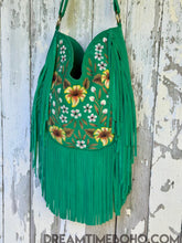 Load image into Gallery viewer, Boho Beauty hand painted green suede leather fringe bag with floral artwork, bohemian crossbody style by Dreamtime Boho
