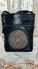 Load image into Gallery viewer, Boho Harmony Mandala Leather Crossbody Bag in black genuine leather featuring a hand-tooled mandala with turquoise accents. Designed in Australia by Dreamtime Boho.