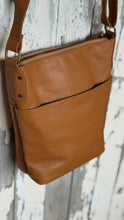 Load image into Gallery viewer, Rear view of the Boho Harmony Mandala Leather Crossbody Bag showing the magnetic slip pocket and adjustable leather strap. Designed in Australia by Dreamtime Boho.