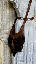 Load image into Gallery viewer, Genuine leather boho crossbody bag worn with white bohemian dress featuring rustic gemstone detail