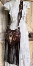 Load image into Gallery viewer, Boho leather fringe crossbody bag in dark chocolate with handcrafted buffalo design