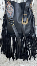 Load image into Gallery viewer, Black boho leather shoulder bag with adjustable strap, antique hardware and long fringe, available in Australia.
