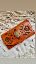 Load image into Gallery viewer, Handcrafted boho leather wallet purse for women with celestial moon detailing and natural gemstone feature, main front image