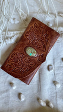 Load image into Gallery viewer, Handcrafted boho leather wallet purse for women with floral detailing and natural gemstone feature, main front image