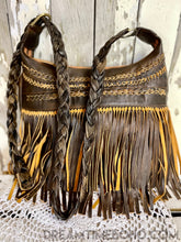 Load image into Gallery viewer, Brooklyn boho leather fringe crossbody bag showing woven leather detail, shoulder strap and long brown fringe