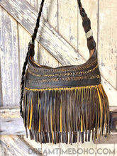 Load image into Gallery viewer, Brooklyn brown fringe boho shoulder bag with leather strap, woven detailing and long flowing leather fringe