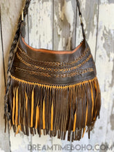 Load image into Gallery viewer, Brooklyn brown leather fringe boho crossbody bag with woven detailing and long leather fringe