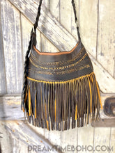 Load image into Gallery viewer, Brooklyn leather fringe crossbody bag in brown with layered woven detailing and long boho fringe