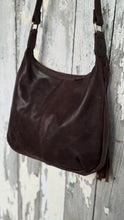 Load image into Gallery viewer, Back view of small brown Brooklyn genuine leather crossbody boho bag