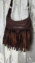 Load image into Gallery viewer, Front view of small brown Brooklyn genuine leather fringe crossbody boho bag with woven leather detailing