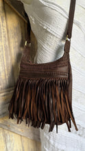 Load image into Gallery viewer, Side view of small brown Brooklyn fringe leather boho crossbody bag with long flowing fringe