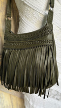 Load image into Gallery viewer, Olive green small Brooklyn leather fringe boho crossbody bag with woven detail and soft fringe