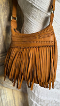 Load image into Gallery viewer, Front view of tan Brooklyn small leather fringe crossbody boho bag with woven leather detail