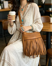 Load image into Gallery viewer, Tan Brooklyn small leather fringe crossbody boho bag with soft fringe and woven leather detail worn by model in boho outfit