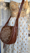 Load image into Gallery viewer, Brown cowhide mandala leather crossbody bag worn with boho dress genuine leather handbag Dreamtime Boho Australia