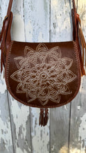 Load image into Gallery viewer, Brown cowhide leather mandala shoulder bag with tassel detail handtooled boho crossbody purse