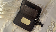 Load image into Gallery viewer, Open brown leather dragonfly wallet showing card slots, ID window, coin pocket and compartments