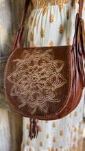 Load image into Gallery viewer, Brown handtooled mandala cowhide leather crossbody bag front view boho western handbag genuine leather
